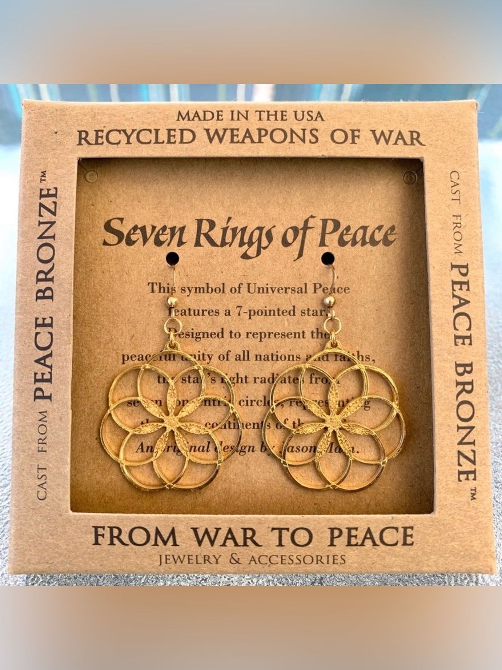 Gold-Dipped Bronze Seven Rings of Peace Floral Dangling Earrings